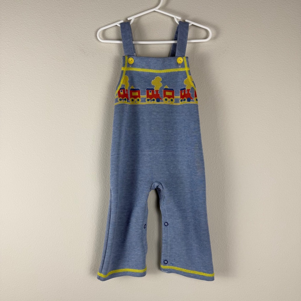 Vintage Carters‎ Kids Blue Train Overalls 24 Months Romper Jumper Snap Button - Picture 2 of 9